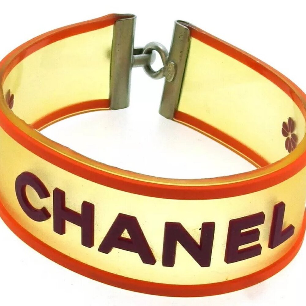 CHANEL bangle logo orange rubber ?~ Silver hardware Authentic C3948